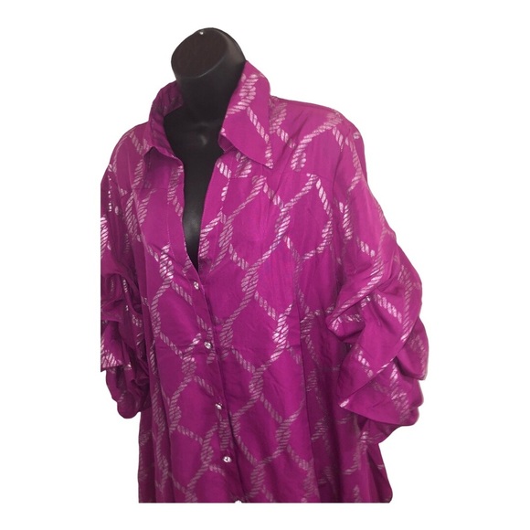 Pink & silver metallic puffy sleeve button down regal hi low dress size 1X new - Picture 15 of 17